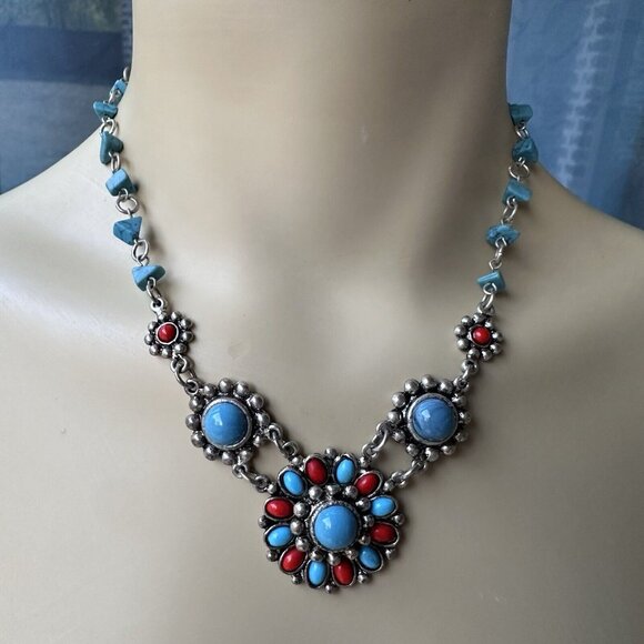 Vintage‎ Southwestern Statement Floral Necklace Faux Turquoise Coral Boho 15" - Picture 1 of 7